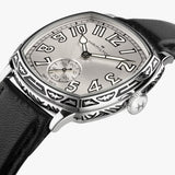 Hamilton American Classic Cushion Mechanical Unisex 34mm Watch H36149710 is shown from the side, displaying the slim cushion-shaped steel case and crown. The black leather strap extends from the lugs beneath the sapphire crystal.