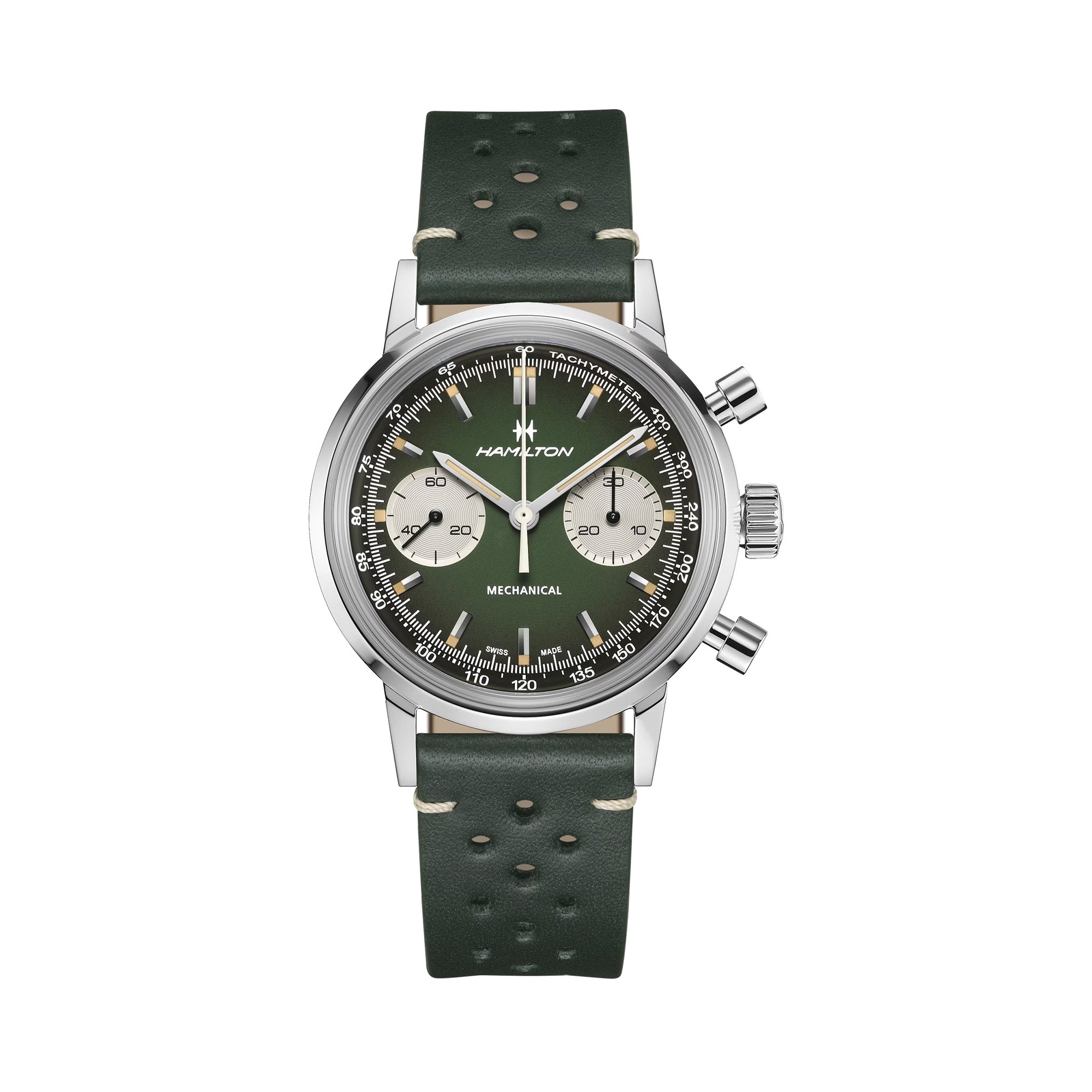 Hamilton American Classic Intra-Matic Chronograph H H38429861 40mm stainless steel watch with hunter green smoky dial