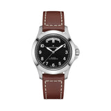 Hamilton Khaki Field King Day-Date H64475531 40mm automatic watch with black sun-brushed dial and brown leather strap