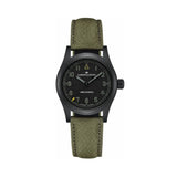 Hamilton x Call of Duty Khaki Field Mechanical Men’s 38mm Watch H69469930 shows a black grain-textured dial with white Arabic numerals and a yellow triangle at 12 o’clock. The black PVD case and yellow-tipped seconds hand give it a bold blacked-out look.