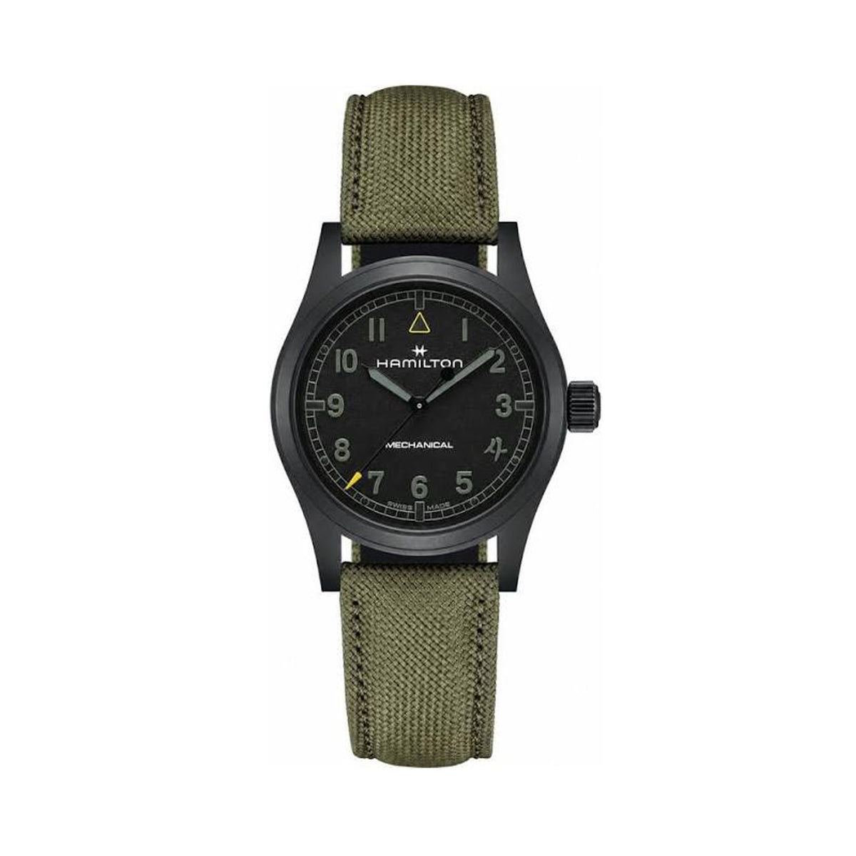 Hamilton x Call of Duty Khaki Field Mechanical Men’s 38mm Watch H69469930 shows a black grain-textured dial with white Arabic numerals and a yellow triangle at 12 o’clock. The black PVD case and yellow-tipped seconds hand give it a bold blacked-out look.