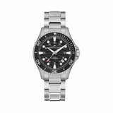 Hamilton Khaki Navy Scuba Auto 40mm Watch H82415130 features a stamped wave-textured lacquered black dial with a unidirectional 60-minute bezel. The refreshed bezel typography and Super-LumiNova markers give the watch a modern, ocean-inspired look.