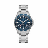 Hamilton Khaki Navy Scuba Auto 40mm Watch H82425140 features a stamped wave-textured lacquered blue dial with a unidirectional 60-minute bezel. The refreshed bezel typography and Super-LumiNova markers give the watch a modern, ocean-inspired look.