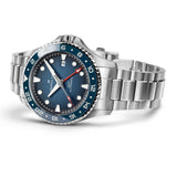 Hamilton Khaki Navy Scuba Auto GMT 43mm Watch H82535140 shows a 13.9mm case thickness with a screw-down crown reinforcing its 300m water resistance. The stainless steel case is brushed for a rugged, dive-inspired finish.