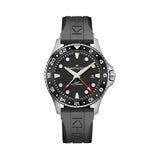 Hamilton Khaki Navy Scuba Auto GMT 43mm Watch H82555330 features a black dial paired with a ceramic 24-hour bezel and a red GMT hand for tracking a third time zone. Applied indices and hands with Super-LumiNova ensure strong low-light legibility.