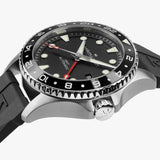 Hamilton Khaki Navy Scuba Auto GMT 43mm Watch H82555330 shows a 13.9mm case thickness with a screw-down crown reinforcing its 300m water resistance. The stainless steel case is brushed for a rugged, dive-inspired finish.