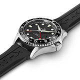 Hamilton Khaki Navy Scuba Auto GMT 43mm Watch H82555330 shows a 13.9mm case thickness with a screw-down crown reinforcing its 300m water resistance. The stainless steel case is brushed for a rugged, dive-inspired finish.