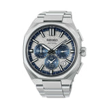 The Seiko Astron GPS Solar HAB004J features a light silver dial with blue accents on the seconds track and sub-dials, arranged in a symmetrical layout, alongside a date window. The 43.40mm titanium case is fitted with a sapphire crystal.