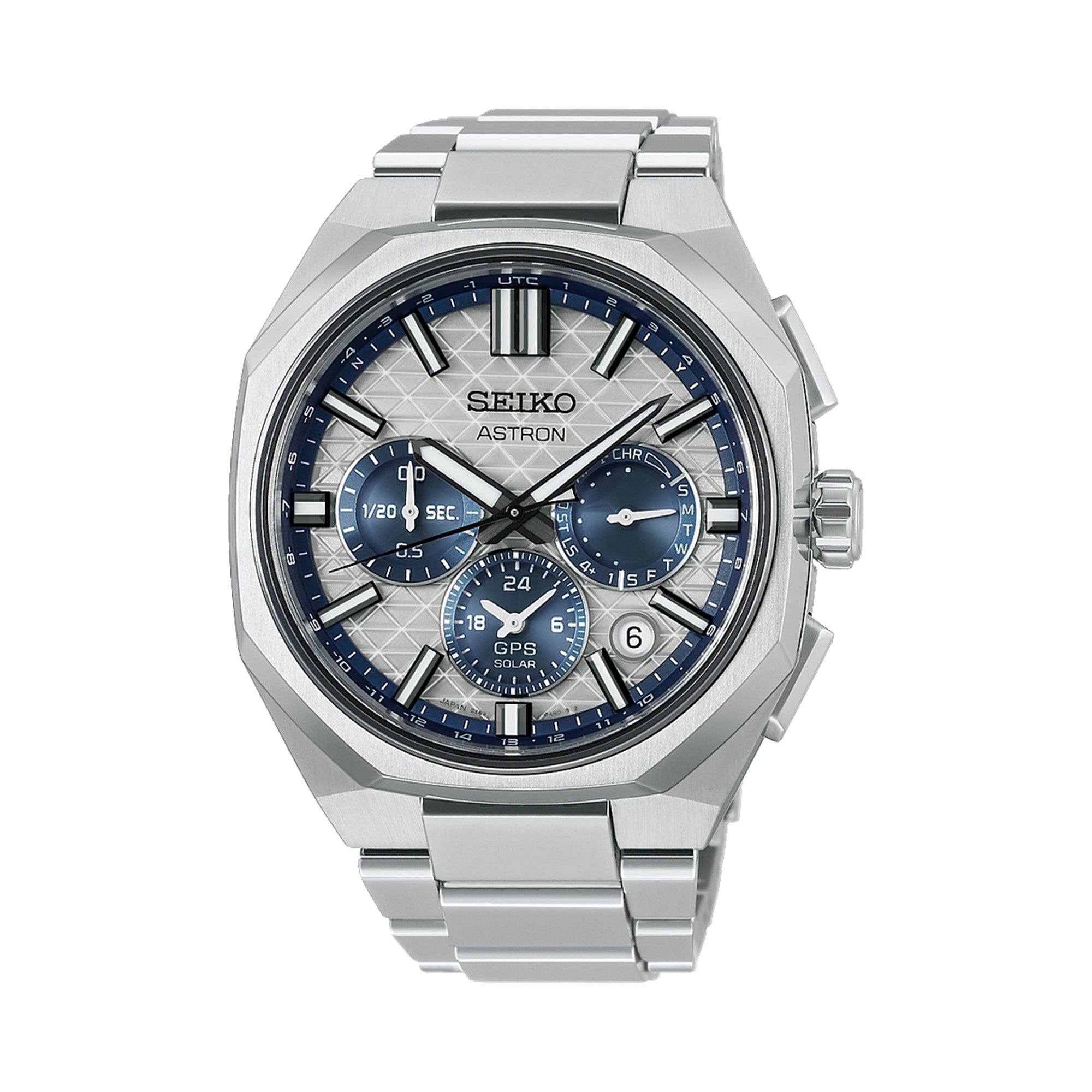 The Seiko Astron GPS Solar HAB004J features a light silver dial with blue accents on the seconds track and sub-dials, arranged in a symmetrical layout, alongside a date window. The 43.40mm titanium case is fitted with a sapphire crystal.