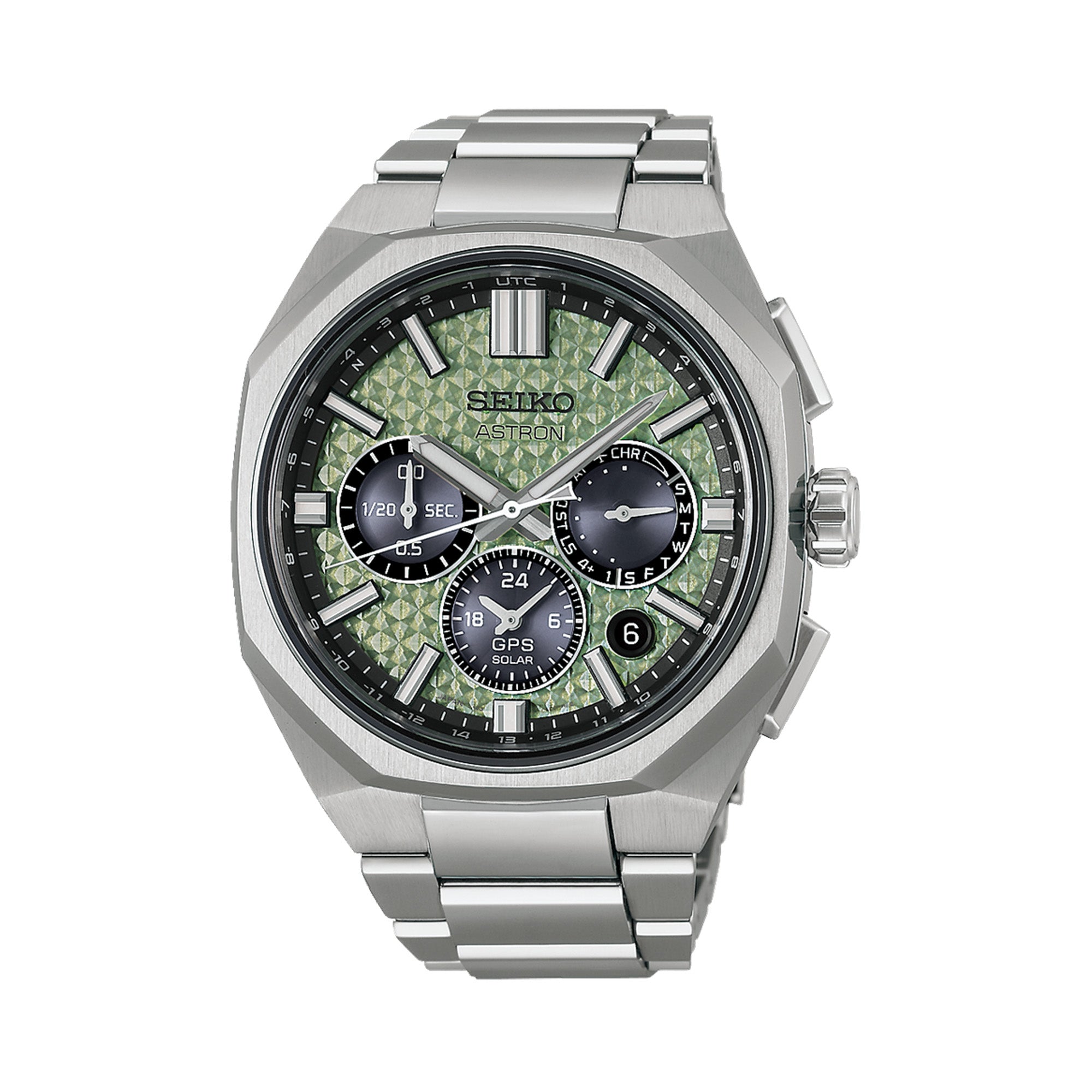Seiko Astron GPS Solar HAB005J limited edition men's watch, 43.4mm titanium case, green textured dial with dual-time chronograph subdials and date display
