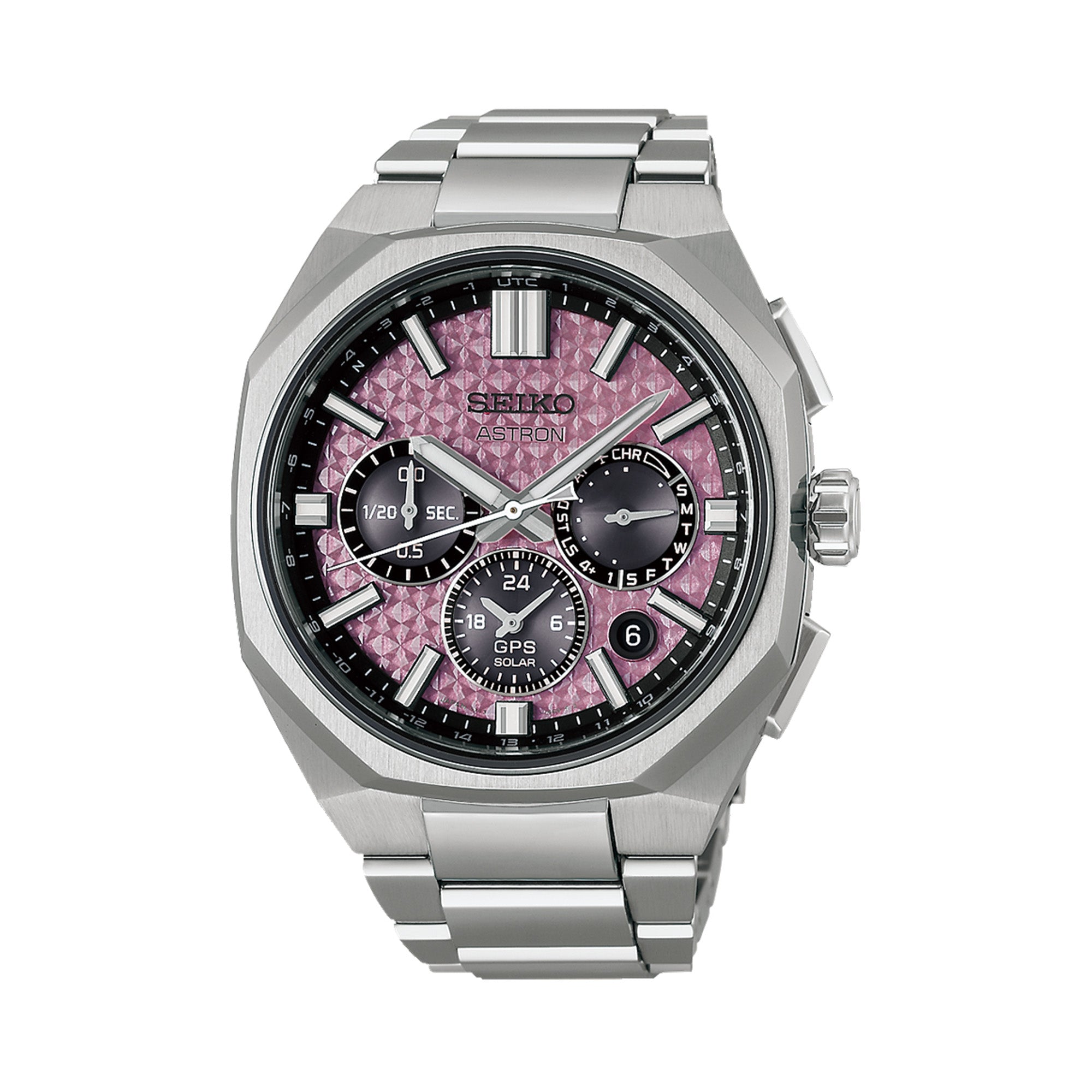  Seiko Astron GPS Solar HAB006J limited edition men's watch, 43.4mm titanium case, pink textured dial with dual-time chronograph subdials and date display