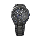 From this angle, the Seiko Astron GPS Solar 43.20mm Men's Watch HAB007J shows the dial's striped texture and grey ceramic bezel together with the two-tone titanium bracelet.
