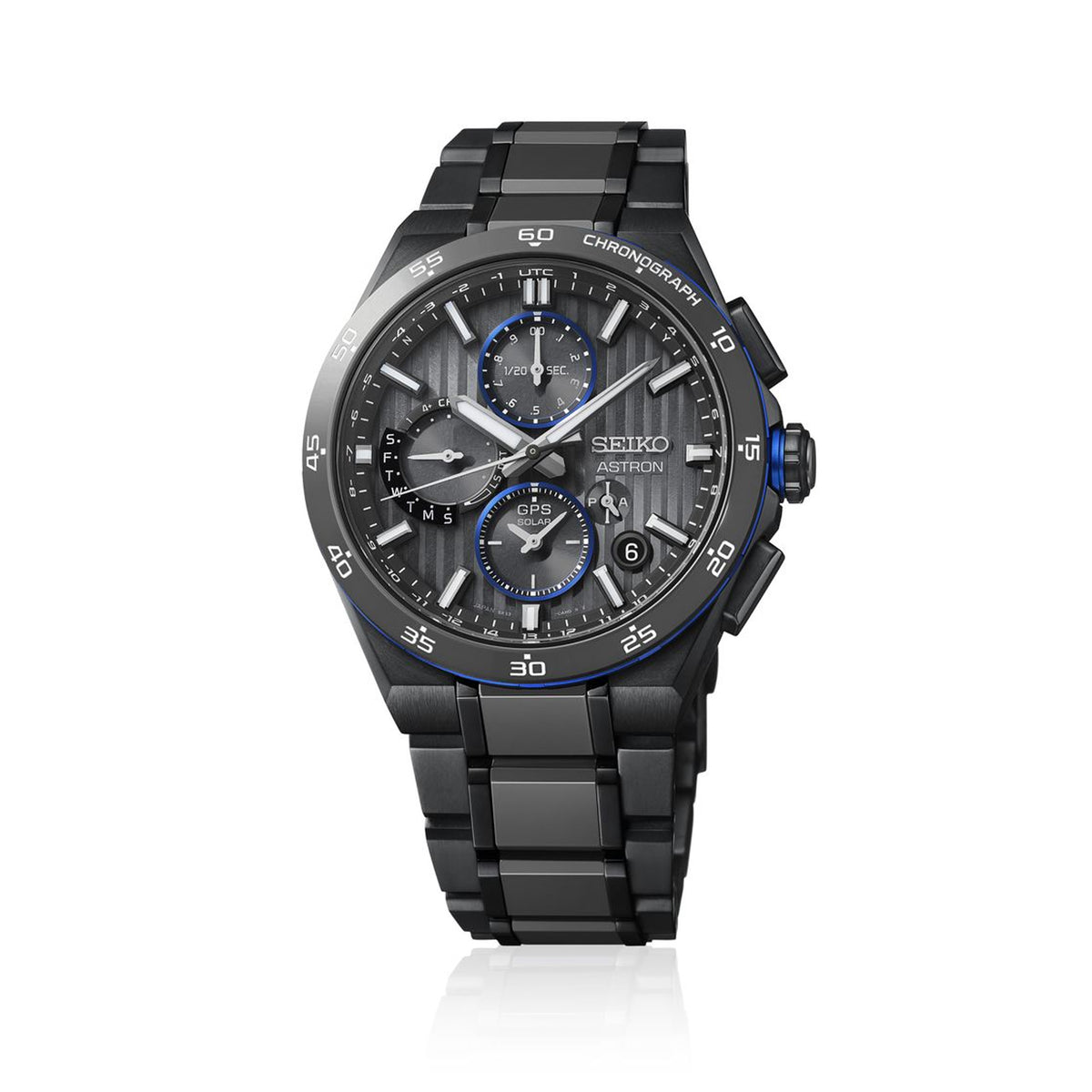 The Seiko Astron GPS Solar 43.20mm Men's Watch HAB007J features a grey striped dial with LumiBrite hands and index, set within a titanium case with a grey ceramic bezel and silver-toned metallic accents.