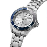 From this angle, the Seiko Prospex Automatic Men's 41.70mm Watch HBB001K shows the silver brushed dial's embossed markers and blue seconds hand together with the two-tone bezel and stainless steel case.