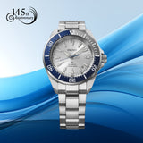 The Seiko Prospex Automatic Men's 41.70mm Watch HBB001K reveals the dial's pointy embossed markers and blue seconds hand in close detail.