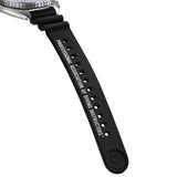 The Seiko Prospex P.A.D.I HBB002K includes an additional black silicone strap with an accordion-style expandable design, printed with the full "Professional Association of Diving Instructors" text. This strap allows the watch to be worn comfortably over a wetsuit as well as on the bare wrist.