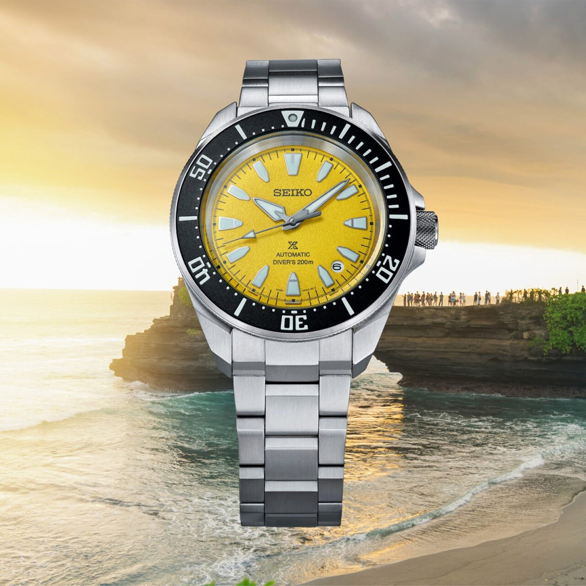Seiko Prospex Automatic Men's 41.70mm Watch HBB003K - set on a beach sunset, with a vivid yellow dial
