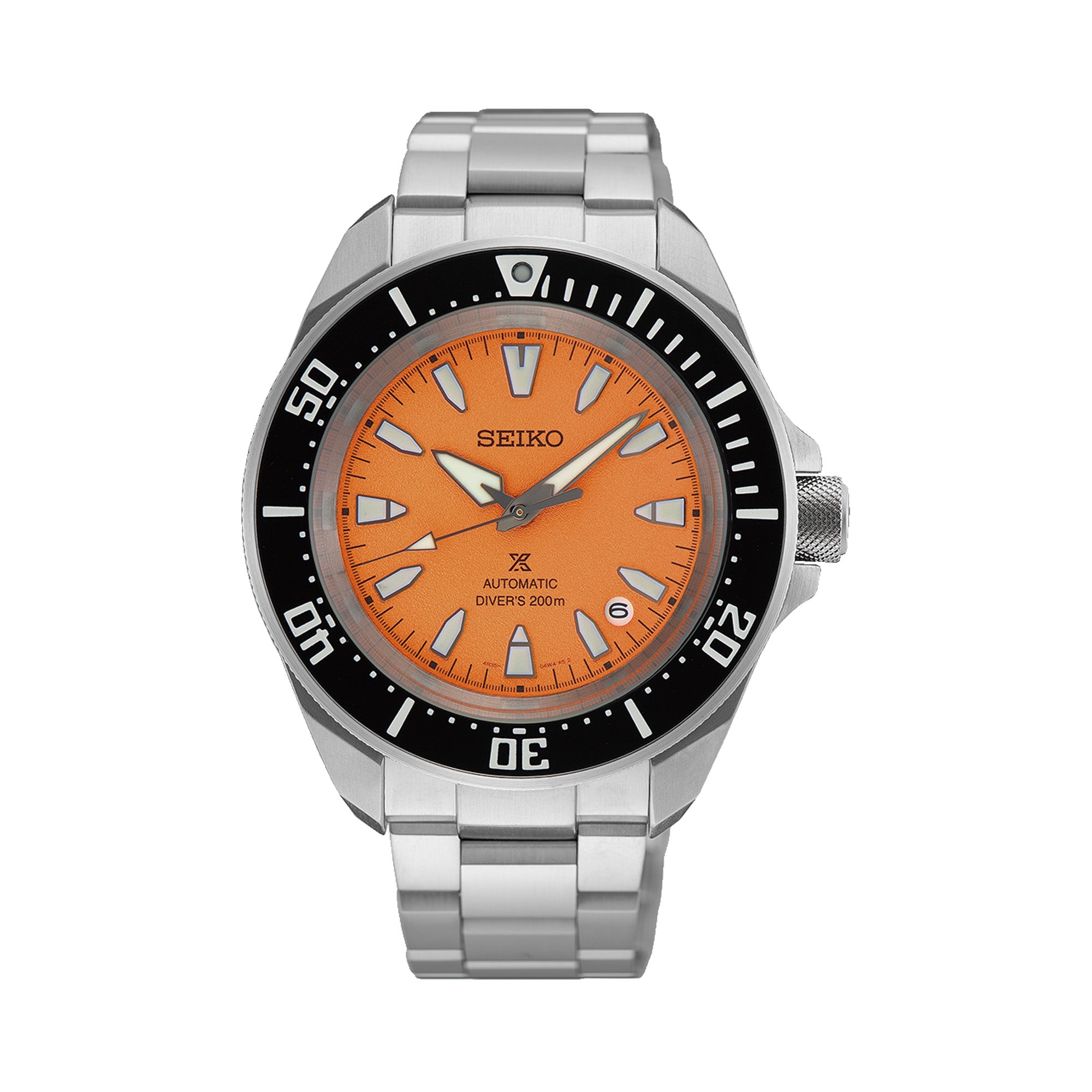 The Seiko Prospex Automatic Men's 41.70mm Watch HBB004K features a sand-textured orange dial, LumiBrite hands and hour markers, and a date window. The 41.7mm stainless steel Samurai-style case is fitted with a black unidirectional bezel.