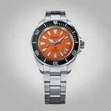 From this angle, the Seiko Prospex Automatic Men's 41.70mm Watch HBB004K shows the sand-textured orange dial and black bezel together with the Samurai-style case and bracelet.