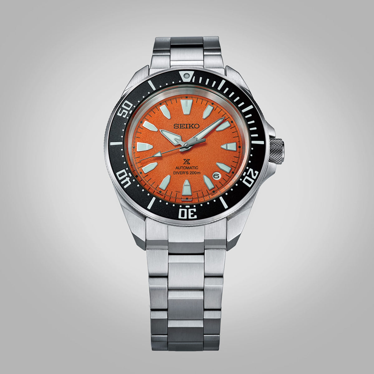 From this angle, the Seiko Prospex Automatic Men's 41.70mm Watch HBB004K shows the sand-textured orange dial and black bezel together with the Samurai-style case and bracelet.