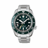 The Seiko Prospex HBC001J features a dark green textured dial with oversized LumiBrite-coated markers, a gold-tone GMT hand and a date window. The 42mm stainless steel case is fitted with a green ceramic unidirectional bezel.