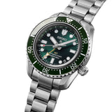 The Seiko Prospex HBC001J features a dark green textured dial with oversized LumiBrite-coated markers, a gold-tone GMT hand and a date window. The 42mm stainless steel case is fitted with a green ceramic unidirectional bezel.