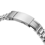 The stainless steel three-link bracelet connects to the case via a tool-free slide-adjuster clasp, adjustable in six 2.5mm steps for a comfortable fit. The case back features a screw-down construction for secure water resistance.