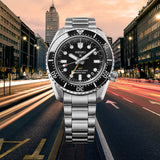The Seiko Prospex HBC002J features a black dial with oversized LumiBrite-coated markers, a gold-tone GMT hand and a date window. The 42mm stainless steel case is fitted with a black ceramic unidirectional bezel.