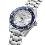 From this angle, the Seiko Prospex Automatic Men's 40mm Watch HBC005J shows the silver-white dial's texture and blue accents together with the blue bezel and stainless steel case.