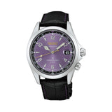 The Seiko Prospex Alpinist Automatic 39.50mm Men's Watch HBC006J features a purple dial with gold accents, Arabic numerals, wedge-shaped indices and an internal rotating compass ring. The 39.5mm stainless steel case is fitted with sapphire crystal.