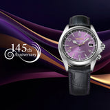 From this angle, the Seiko Prospex Alpinist Automatic 39.50mm Men's Watch HBC006J shows the purple dial's gold accents and internal compass ring together with the leather strap and stainless steel case.