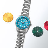 The Seiko Prospex Automatic Men’s 40mm Watch HBC011J reveals the embossed wave pattern and applied hour markers on the blue dial in close detail. The date window sits between 4 and 5 o’clock.