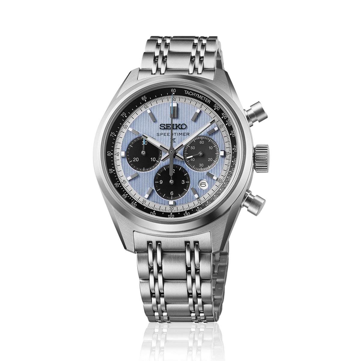 The Seiko Prospex Speedtimer Men’s 42mm Watch HBD001J features a sky blue textured dial with black chronograph sub-dials, a tachymeter scale and a date window. The 42mm stainless steel case is fitted with a dual-curved sapphire crystal.