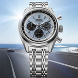 The Seiko Prospex Speedtimer Men’s 42mm Watch HBD001J reveals the dial’s vertical texture, applied indexes and sub-dial hands in close detail. Sky blue accents highlight the seconds hand.
