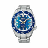 The Seiko Prospex Marinemaster JAMSTEC Limited Edition HBF002J features a textured blue dial with a deepening gradient, LumiBrite hands and indices, and a date window. The 42.6mm stainless steel case is fitted with a blue ceramic unidirectional bezel.