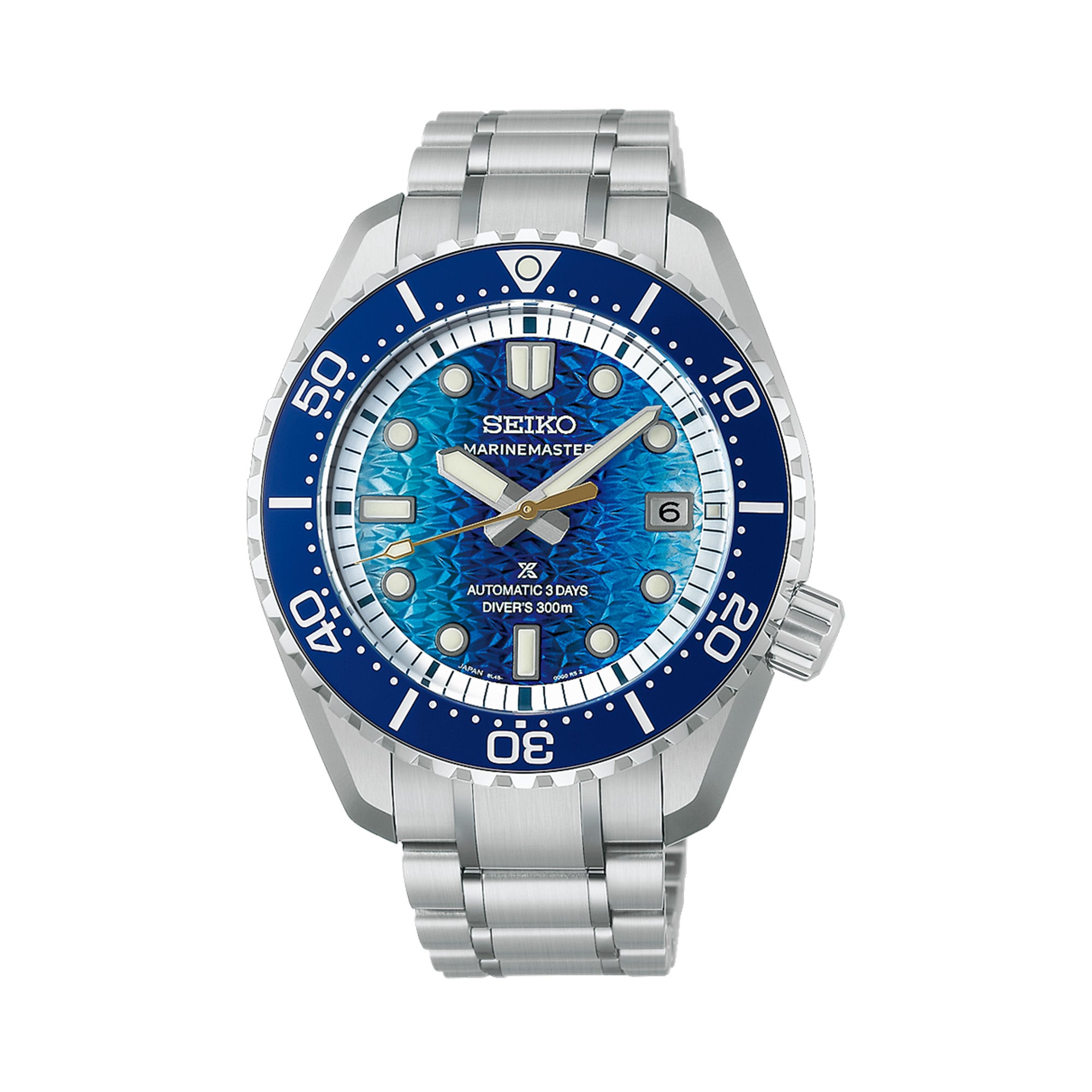 The Seiko Prospex Marinemaster JAMSTEC Limited Edition HBF002J features a textured blue dial with a deepening gradient, LumiBrite hands and indices, and a date window. The 42.6mm stainless steel case is fitted with a blue ceramic unidirectional bezel.