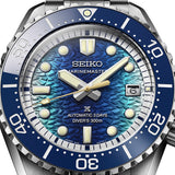 The Seiko Prospex Marinemaster JAMSTEC Limited Edition Men's 42.60mm Watch HBF002J reveals the dial's multi-layered translucent lacquer texture and gradient depth in close detail, alongside the date window and applied indices.