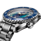 From this angle, the Seiko Prospex Marinemaster JAMSTEC Limited Edition Men's 42.60mm Watch HBF002J shows its textured blue dial's depth and gradient, blue ceramic bezel and LumiBrite markers together against the stainless steel case.