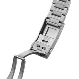 Close-up of a silver watch strap mechanism on a white background