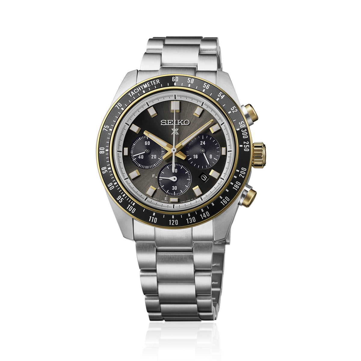 The Seiko Prospex Speedtimer Men’s 41.40mm Watch HBJ002J features a black sunray dial with three chronograph sub-dials, LumiBrite hands and indexes, and a date window. The 41.4mm stainless steel case is fitted with a curved sapphire crystal and a tachymeter bezel.