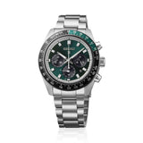 The Seiko Prospex Speedtimer Solar Chronograph Men’s 41.40mm Watch HBJ003J features a green dial with three chronograph sub-dials, LumiBrite hands and indexes, and a date window. The 41.4mm stainless steel case is fitted with a curved sapphire crystal and a green-and-black tachymeter bezel.