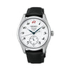 The Seiko Presage Automatic 39.60mm Watch HCC005J features a white hand-made enamel dial with stylised Arabic numerals and a red "12" marker. The 39.6mm stainless steel case is fitted with dual-curved sapphire crystal.