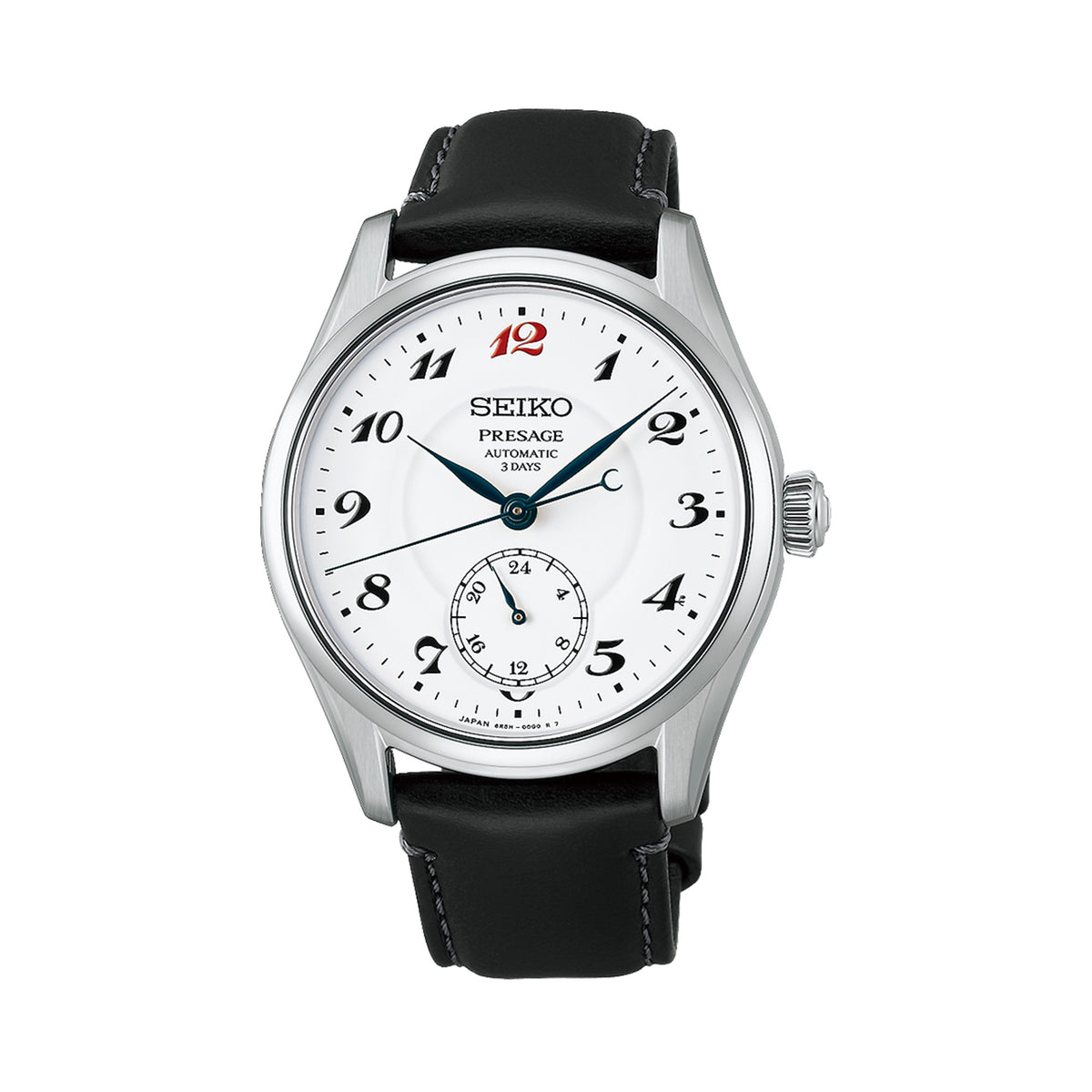 The Seiko Presage Automatic 39.60mm Watch HCC005J features a white hand-made enamel dial with stylised Arabic numerals and a red "12" marker. The 39.6mm stainless steel case is fitted with dual-curved sapphire crystal.