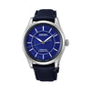 The Seiko Presage 145th Anniversary Automatic 39.60mm Men's Watch HCC007J features a cobalt blue Arita porcelain dial with a radiating relief pattern, applied hour markers and hands. The 39.6mm stainless steel case is fitted with dual-curved sapphire crystal.