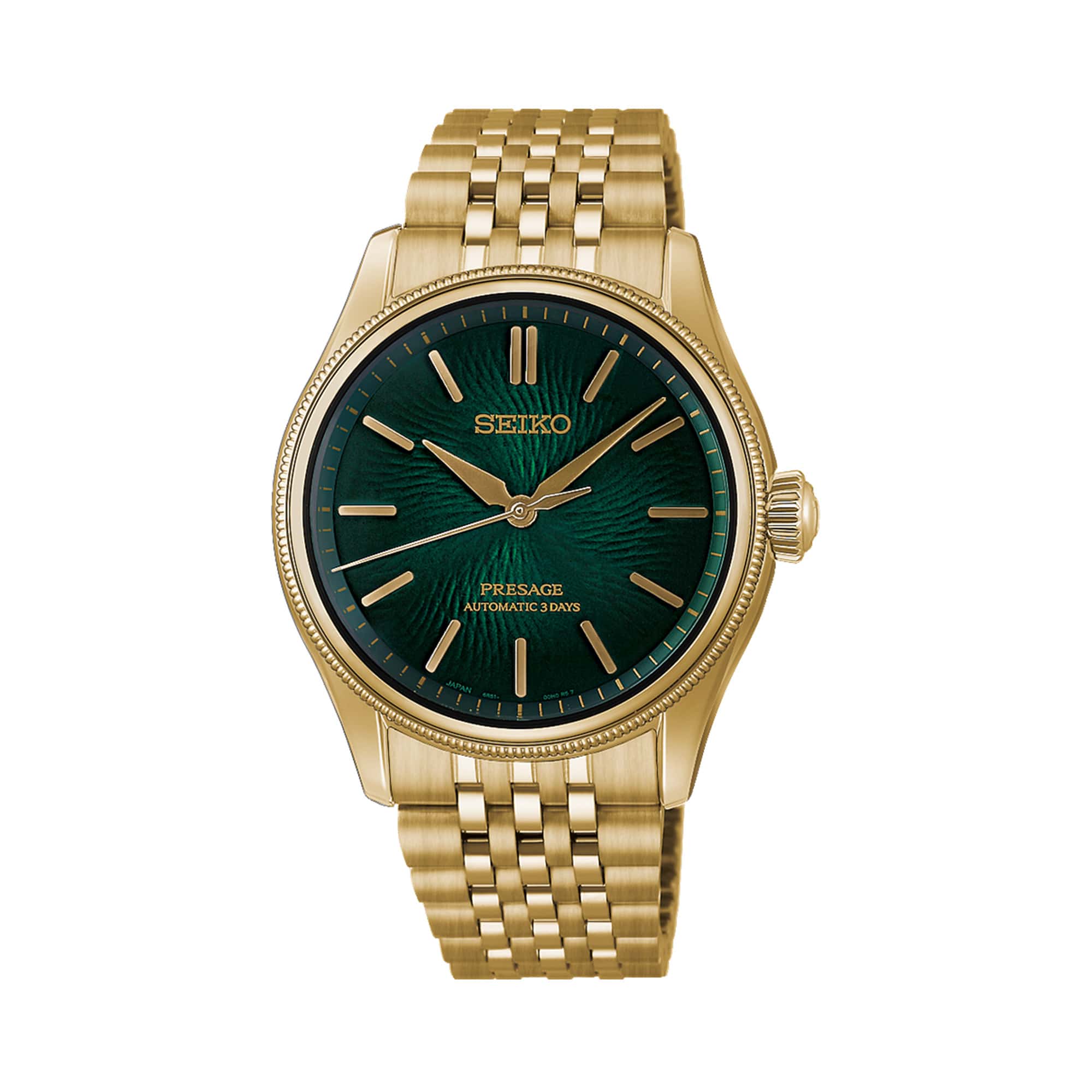 The Seiko Presage Automatic 38mm Watch HCC009J features a textured matsuba-iro green dial with gold-toned applied indexes and alpha-shaped hands. The 38mm gold-coloured PVD-coated case is fitted with domed sapphire crystal.