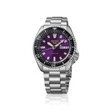 A Seiko 5 Sports SKX Series Automatic Men's 42.50mm Watch HDB003K with a silver stainless steel case and link bracelet, featuring a deep purple dial with white indices and a black rotating bezel, shown on a white background with a soft reflection.