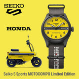 From this angle, the Seiko 5 Automatic 36.40mm Watch HDB010K shows the matte yellow dial's black detailing and Honda logo bar together with the black-coated case.
