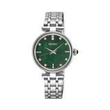 The Seiko Conceptual Quartz 29mm Women's Watch HGH006P features a green mother of pearl dial accented with 8 diamonds. The 29mm silver stainless steel case is fitted with sapphire crystal.