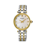 The Seiko Conceptual Quartz 29mm Women's Watch HGH007P features a mother of pearl dial accented with 8 diamonds. The 29mm two-tone silver and yellow gold stainless steel case is fitted with sapphire crystal.