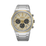 The Seiko Conceptual Quartz Chronograph 40mm Watch HGK001P features a champagne dial with a textured pattern, silver sub-dials and gold-tone hands and markers. The 40mm two-tone stainless steel case is fitted with sapphire crystal.